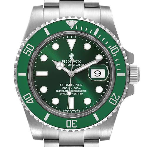 This image shows a frontal view of a Rolex Submariner 116610LV Men's Stainless Steel Green Dial 116610LV Men's Stainless Steel Green Dial watch with a green bezel and dial, featuring a date display.
