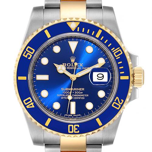 The image shows a front view of a Rolex Submariner 116613 Men's Steel and Gold (two tone) Blue Dial 116613 Men's Steel and Gold (two tone) Blue Dial watch, highlighting its blue dial, bezel, date window, and two-tone bracelet.
