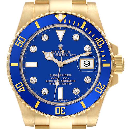 The image shows a front view of a Rolex Submariner 116618LB Men's Yellow Gold Blue Dial 116618LB Men's Yellow Gold Blue Dial, highlighting the blue dial, bezel, and gold accents.