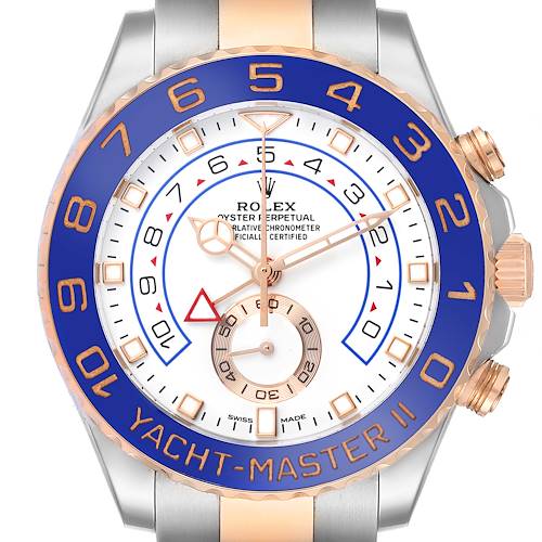The Rolex Yacht-Master 116681 Men's Steel and Gold (two tone) White Dial 116681 Men's Steel and Gold (two tone) White Dial watch is shown from a front angle, highlighting its dial, bezel, crown, and part of the bracelet.