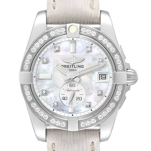 The image shows a front view of the Breitling Galactic A3733053/A717 Men's Stainless Steel Mother of Pearl Dial A3733053/A717 Men's Stainless Steel Mother of Pearl Dial watch with a diamond-studded bezel, a white dial, and a leather strap.