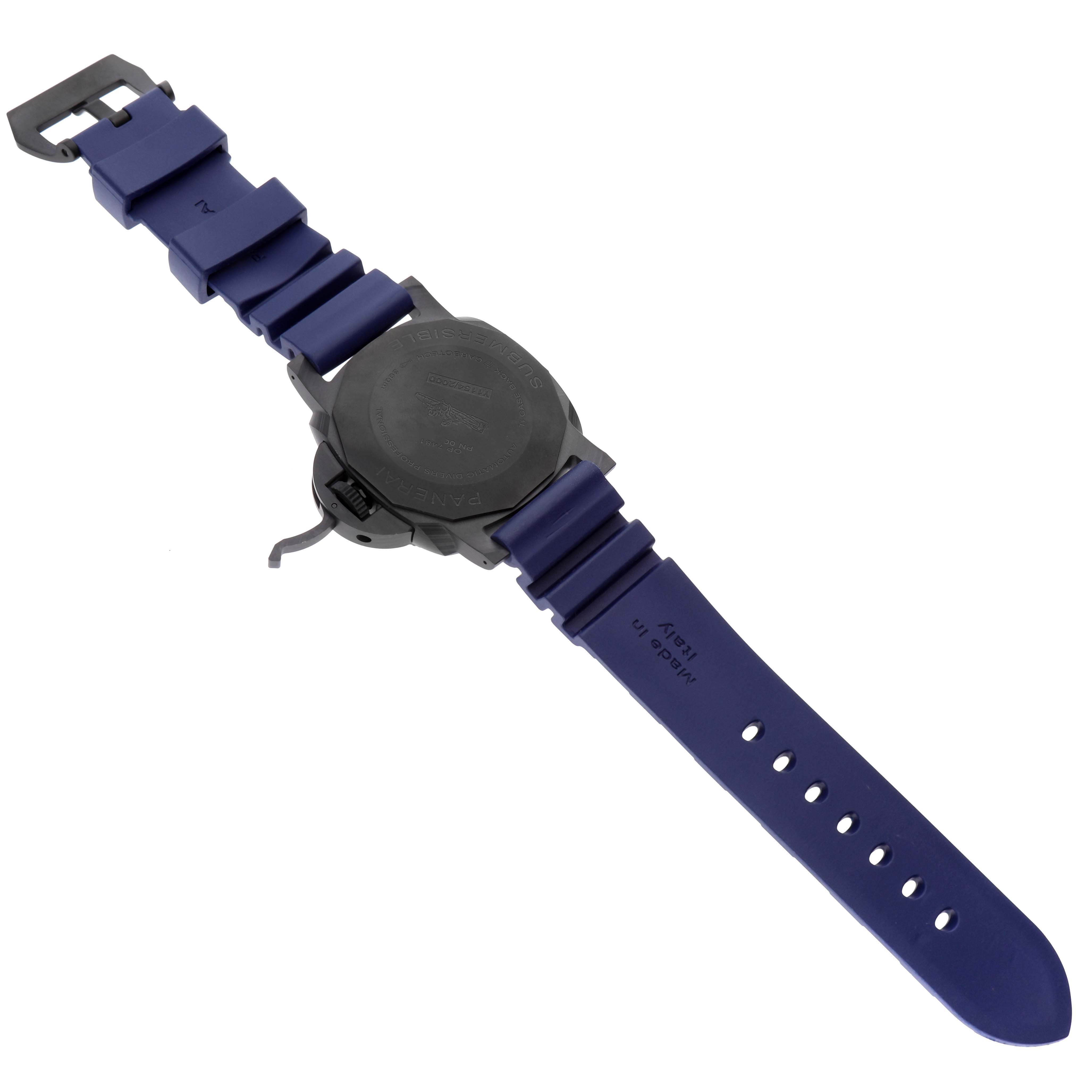 The image shows the back and strap of the Panerai Submersible PAM01232 Men's Titanium Blue Dial PAM01232 Men's Titanium Blue Dial watch, with a blue rubber band and visible buckle.