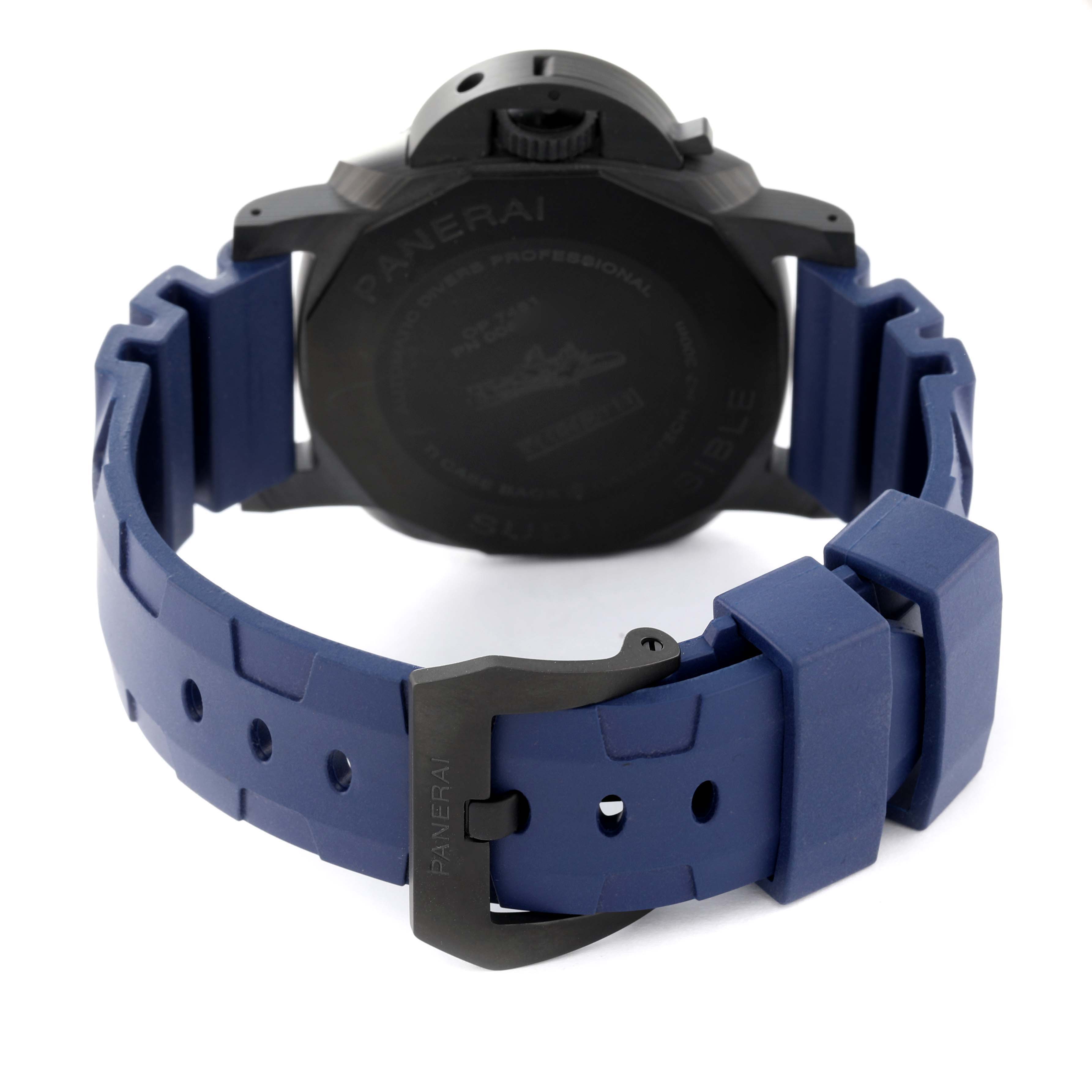 The image shows the back view of a Panerai Submersible PAM01232 Men's Titanium Blue Dial PAM01232 Men's Titanium Blue Dial watch with a blue strap and a black buckle.