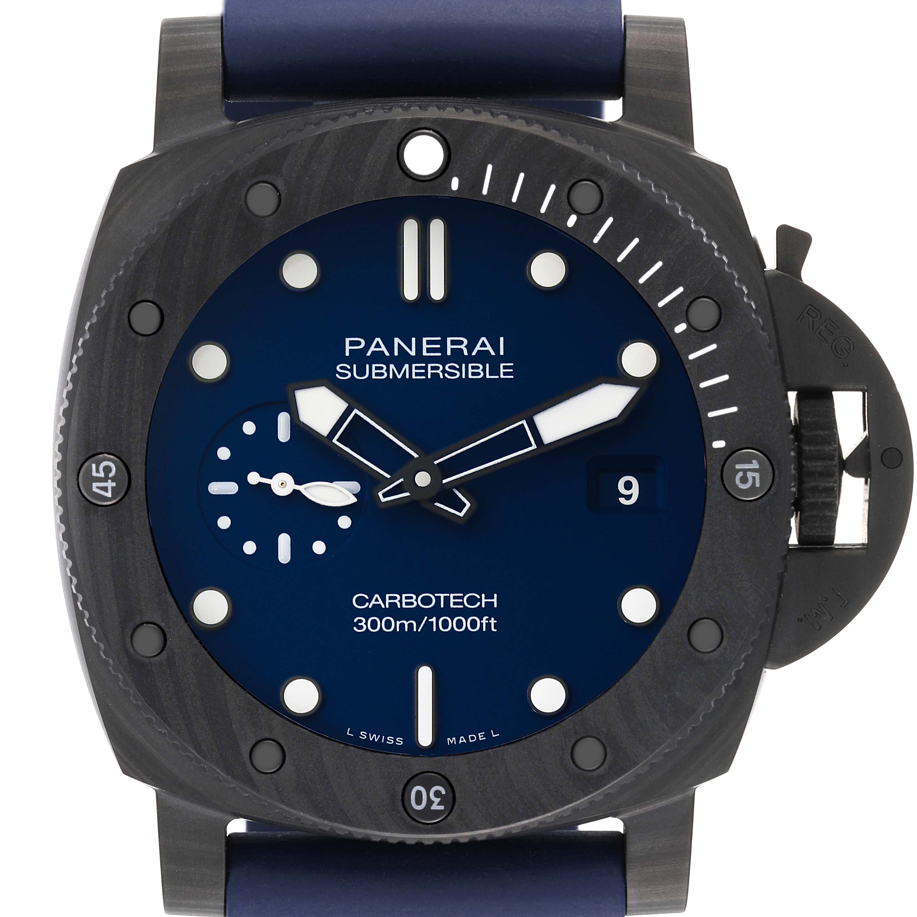 The image shows a frontal view of the Panerai Submersible PAM01232 Men's Titanium Blue Dial PAM01232 Men's Titanium Blue Dial watch, highlighting its dial, bezel, and crown protector.