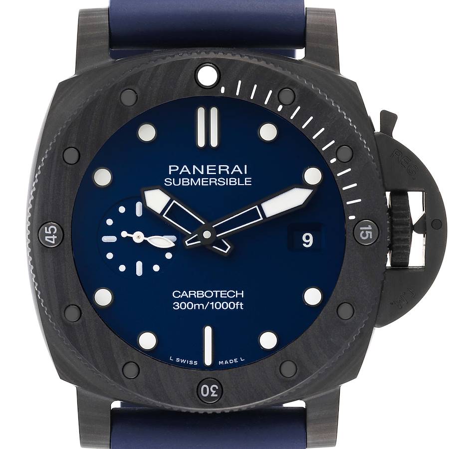 The image shows a frontal view of the Panerai Submersible PAM01232 Men's Titanium Blue Dial PAM01232 Men's Titanium Blue Dial watch, highlighting its dial, bezel, and crown protector.