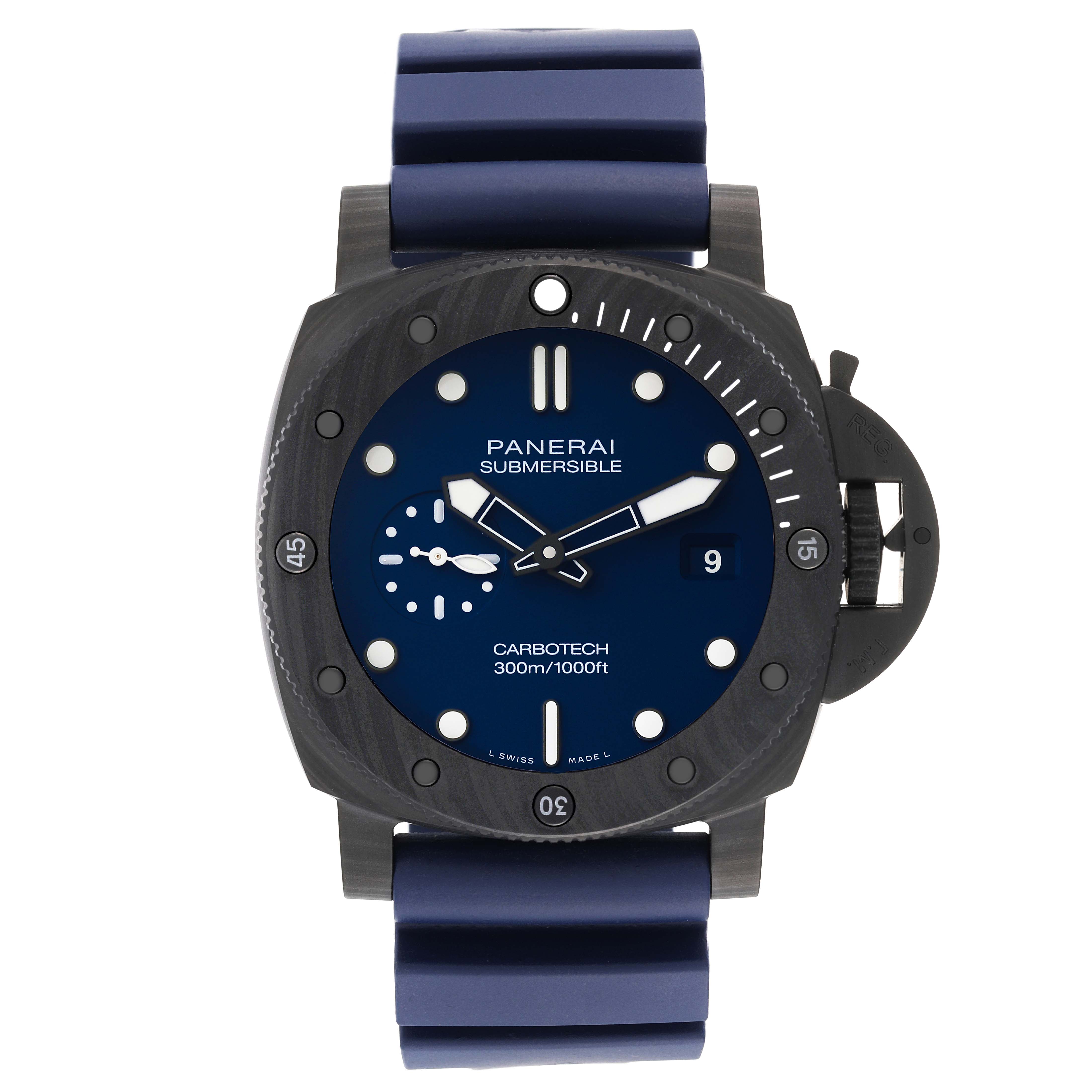 The image shows a front view of a Panerai Submersible PAM01232 Men's Titanium Blue Dial PAM01232 Men's Titanium Blue Dial watch with a blue dial and strap.