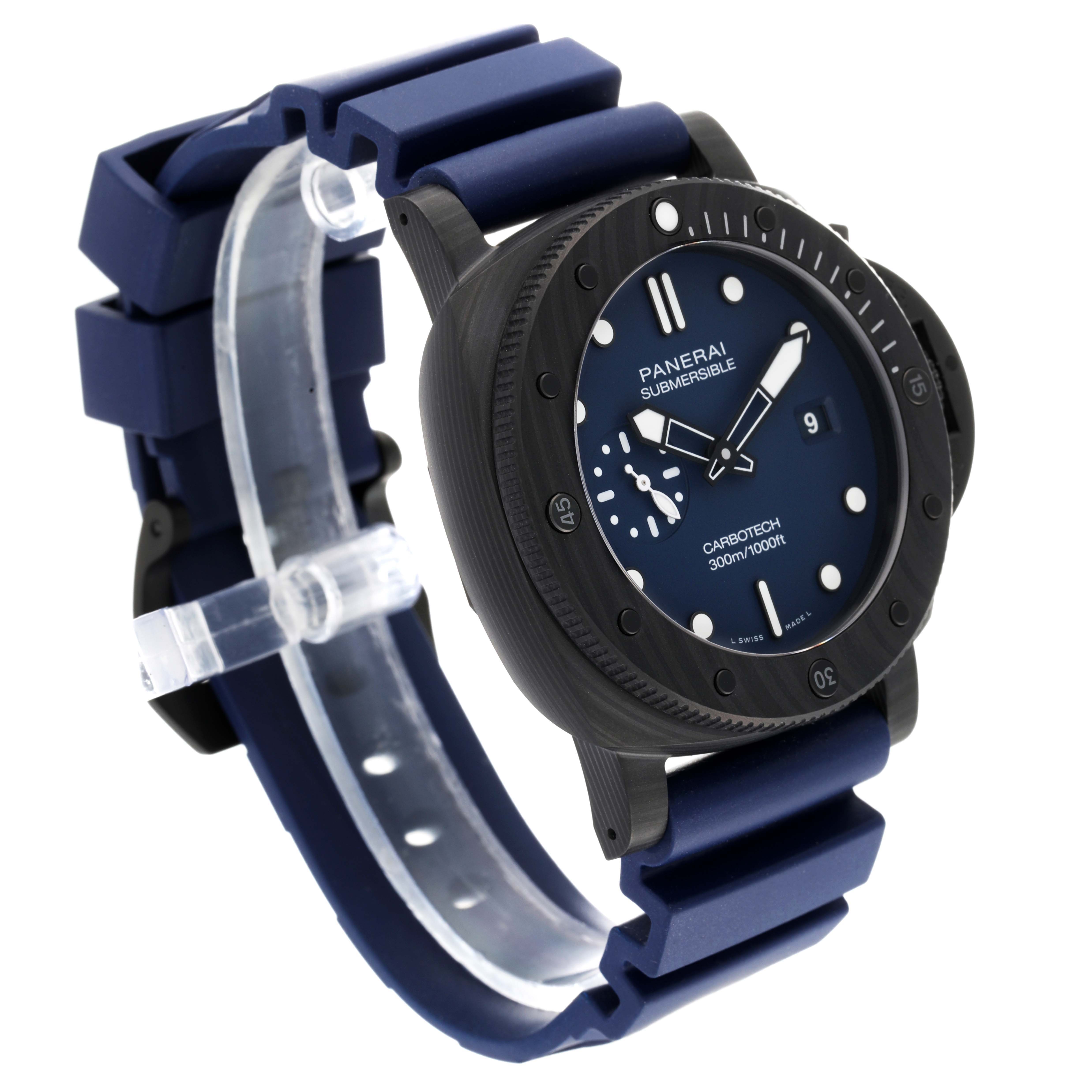 The image shows a Panerai Submersible PAM01232 Men's Titanium Blue Dial PAM01232 Men's Titanium Blue Dial watch at an angle highlighting its face, bezel, and blue rubber strap.