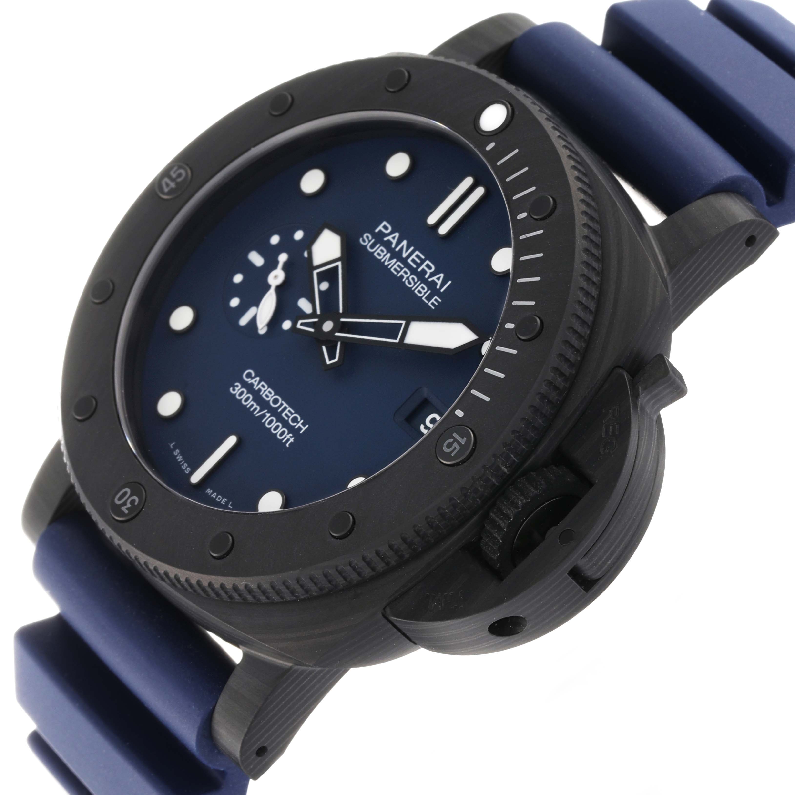 The image shows a Panerai Submersible PAM01232 Men's Titanium Blue Dial PAM01232 Men's Titanium Blue Dial watch from a front-angle highlighting the face, bezel, crown guard, and part of the strap.