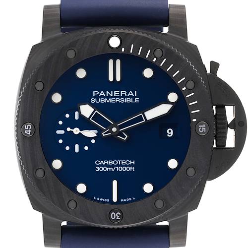 The image shows a frontal view of the Panerai Submersible PAM01232 Men's Titanium Blue Dial PAM01232 Men's Titanium Blue Dial watch, displaying its dial, bezel, and crown guard.