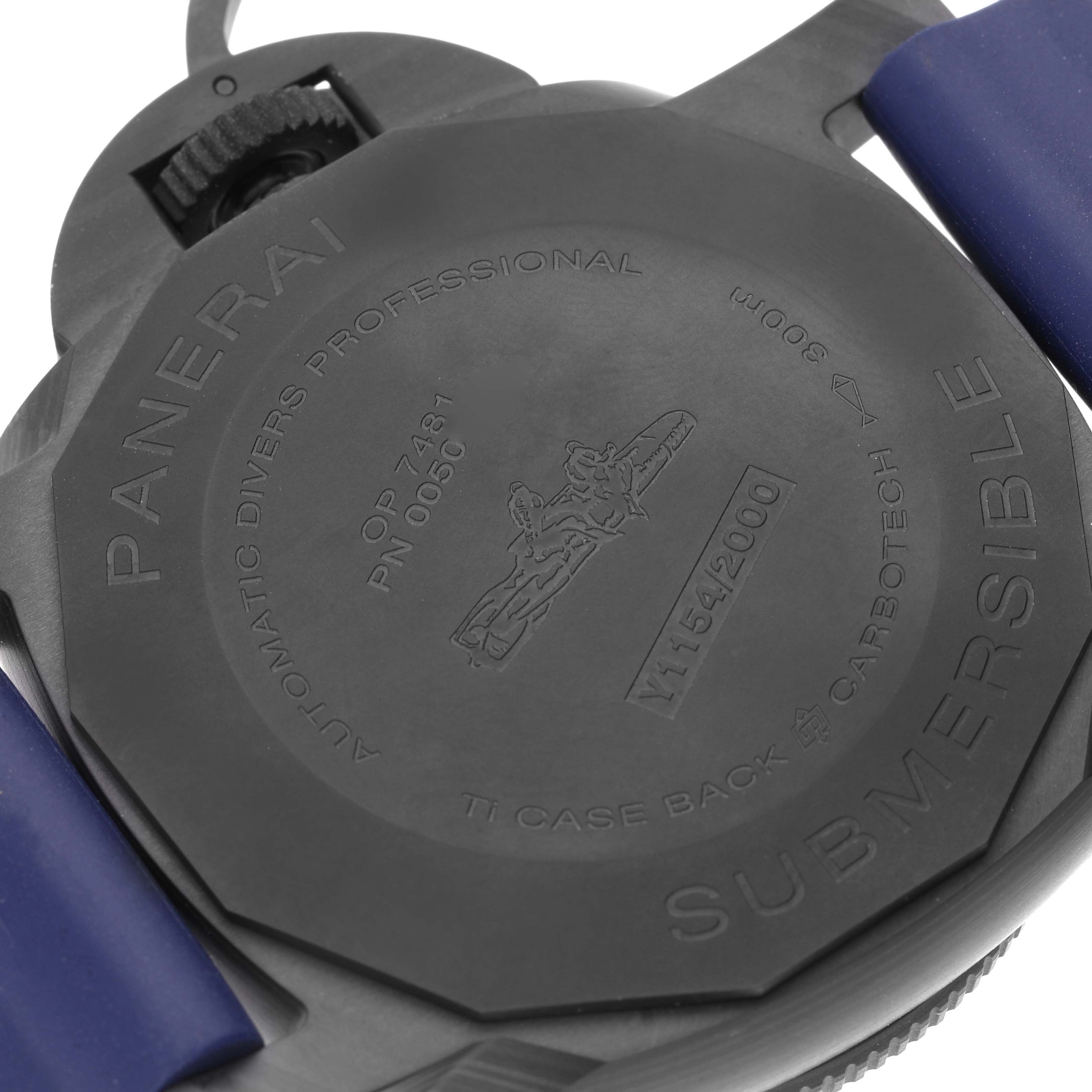 The image shows the back case of a Panerai Submersible PAM01232 Men's Titanium Blue Dial PAM01232 Men's Titanium Blue Dial watch featuring its engravings and blue strap.