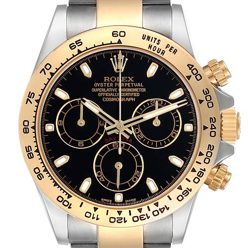 The Rolex Daytona 116503 Men's Steel and Gold (two tone) Black Dial 116503 Men's Steel and Gold (two tone) Black Dial watch is shown at a front angle, highlighting the dial, bezel, crown, and subdials.