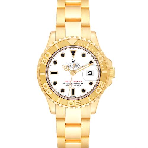 The Rolex Yacht-Master 69628 Women's Yellow Gold White Dial 69628 Women's Yellow Gold White Dial watch is shown from a top-down angle, displaying its face, bezel, and part of the bracelet.