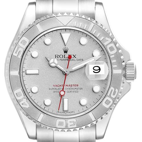 The image shows a frontal view of a Rolex Yacht-Master 16622 Men's Stainless Steel Silver Dial 16622 Men's Stainless Steel Silver Dial watch, highlighting the dial, bezel, and part of the bracelet.
