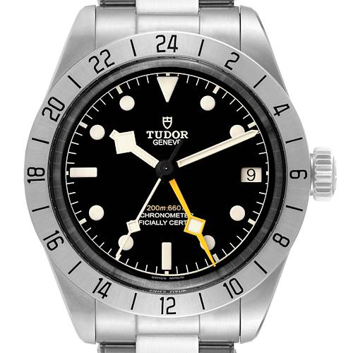 This is a frontal close-up view of a Tudor Heritage Black Bay M79470 Men's Stainless Steel Black Dial M79470 Men's Stainless Steel Black Dial watch, showing the dial, bezel, crown, and part of the bracelet.
