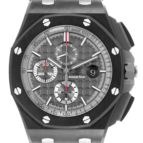 The image shows a front view of the Audemars Piguet Royal Oak Offshore 26405CE.OO.A002CA.01 Men's Ceramic Grey Dial 26405CE.OO.A002CA.01 Men's Ceramic Grey Dial watch, highlighting its dial and chronograph features.