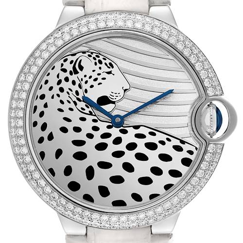 The Cartier Ballon Bleu HPI00478 Women's White Gold Silver Dial HPI00478 Women's White Gold Silver Dial watch is shown from the front, highlighting the dial design and diamond-set bezel.