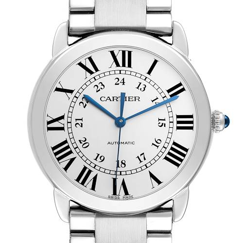 The Cartier Ronde WSRN0012 Women's Stainless Steel Silver Dial WSRN0012 Women's Stainless Steel Silver Dial watch is shown from the front, highlighting its face, Roman numerals, and bracelet.
