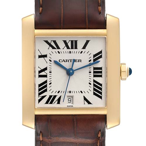 This image shows the front view of a Cartier Tank Française watch, displaying its face, hands, and part of the leather strap.