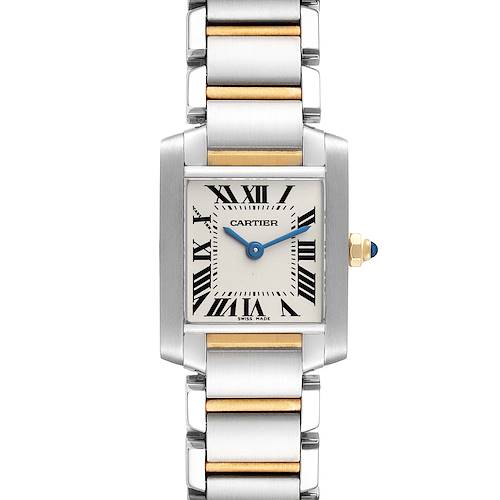 The Cartier Tank Francaise W51007Q4 Women's Steel and Gold (two tone) Silver Dial W51007Q4 Women's Steel and Gold (two tone) Silver Dial watch is shown from the front, detailing the face, bracelet, and crown with a blue gem.