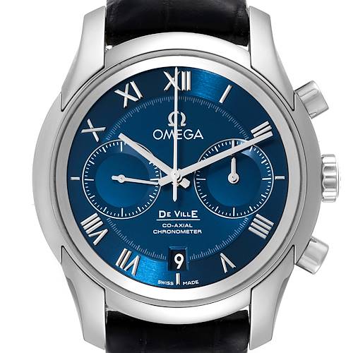 The image shows a front view of an Omega De Ville 431.13.42.51.03.001 Men's Stainless Steel Blue Dial 431.13.42.51.03.001 Men's Stainless Steel Blue Dial watch, highlighting its blue dial, subdials, and leather strap.