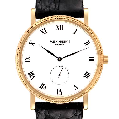 The image shows the face of a Patek Philippe Calatrava 3919 Men's Yellow Gold White Dial 3919 Men's Yellow Gold White Dial watch with a white dial and Roman numerals from a straight-on angle.