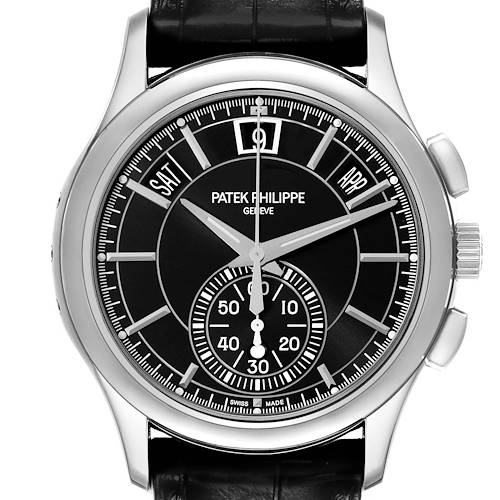 The Patek Philippe Complications 5905P - 010 Men's Platinum Black Dial 5905P - 010 Men's Platinum Black Dial watch is shown from a front angle, displaying the dial, crown, and side pushers.