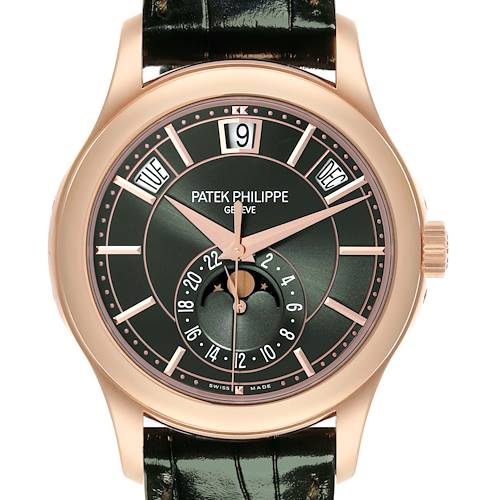 The Patek Philippe Complications 5205R - 011 Men's Rose Gold Green Dial 5205R - 011 Men's Rose Gold Green Dial watch is shown from the front, highlighting the dial, hands, date, and moon phase features.