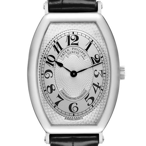 The Patek Philippe Gondolo 5098P-001 Men's Platinum Silver Dial 5098P-001 Men's Platinum Silver Dial watch is shown from the front, highlighting its dial and leather strap.