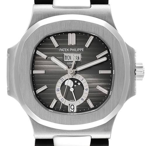 The image shows a front view of the Patek Philippe Nautilus 5726A-001 Men's Stainless Steel Black Dial 5726A-001 Men's Stainless Steel Black Dial watch, featuring the dial and date indicators.