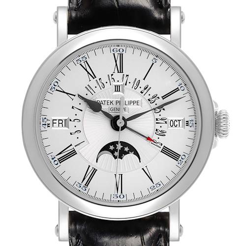 The Patek Philippe Complications 5159G-001 Men's White Gold White Dial 5159G-001 Men's White Gold White Dial watch is shown from the front, displaying the dial, day, month, and moon phase.
