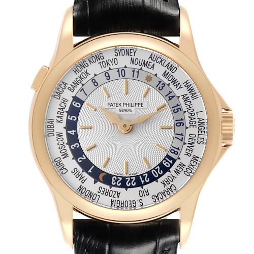 The Patek Philippe Complications 5110J-001 Men's Yellow Gold Silver Dial 5110J-001 Men's Yellow Gold Silver Dial watch is shown from a front angle, highlighting the dial and world time display.