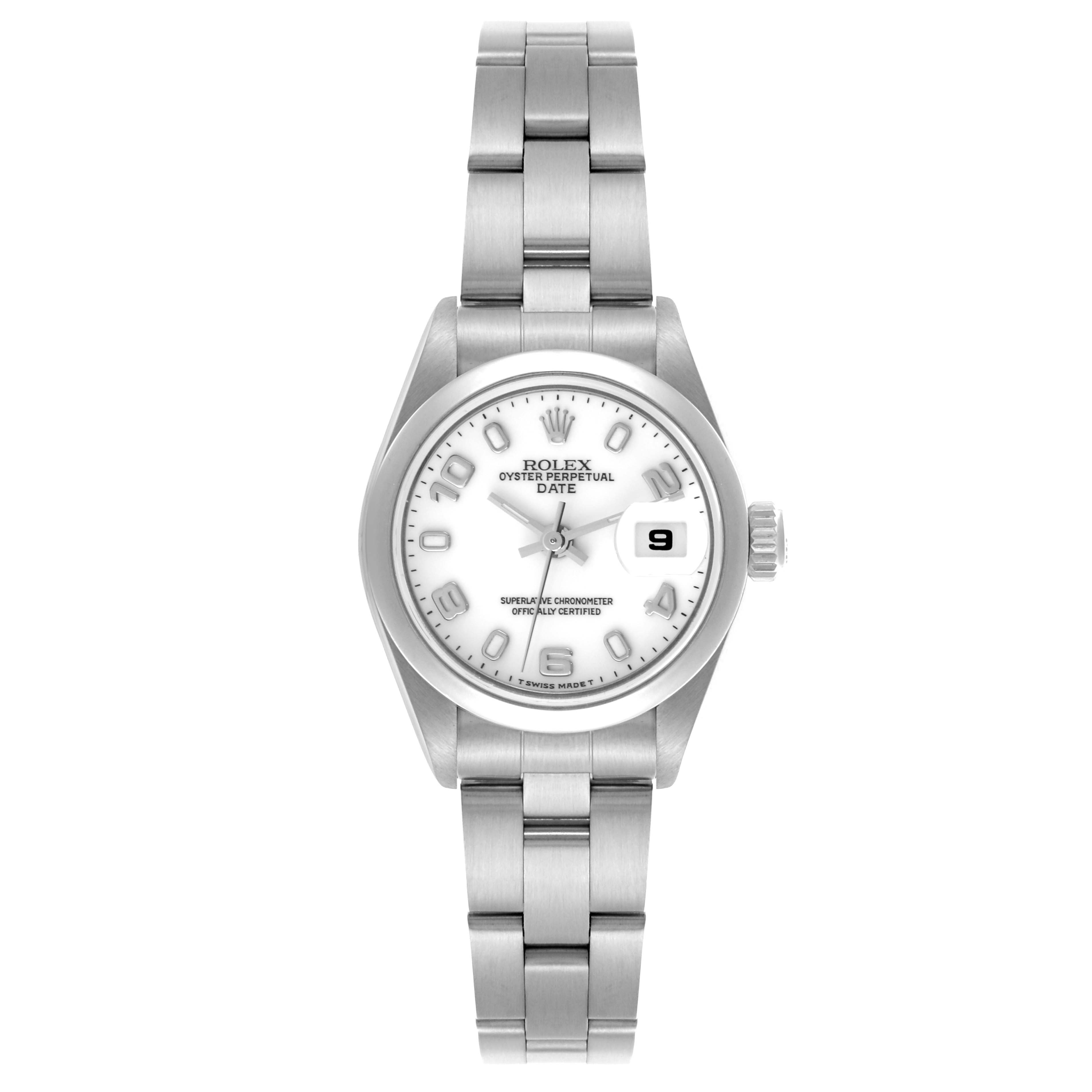The image shows a frontal view of a Rolex Date 69160 Women's Stainless Steel White Dial 69160 Women's Stainless Steel White Dial watch, displaying the bracelet, dial, and crown.