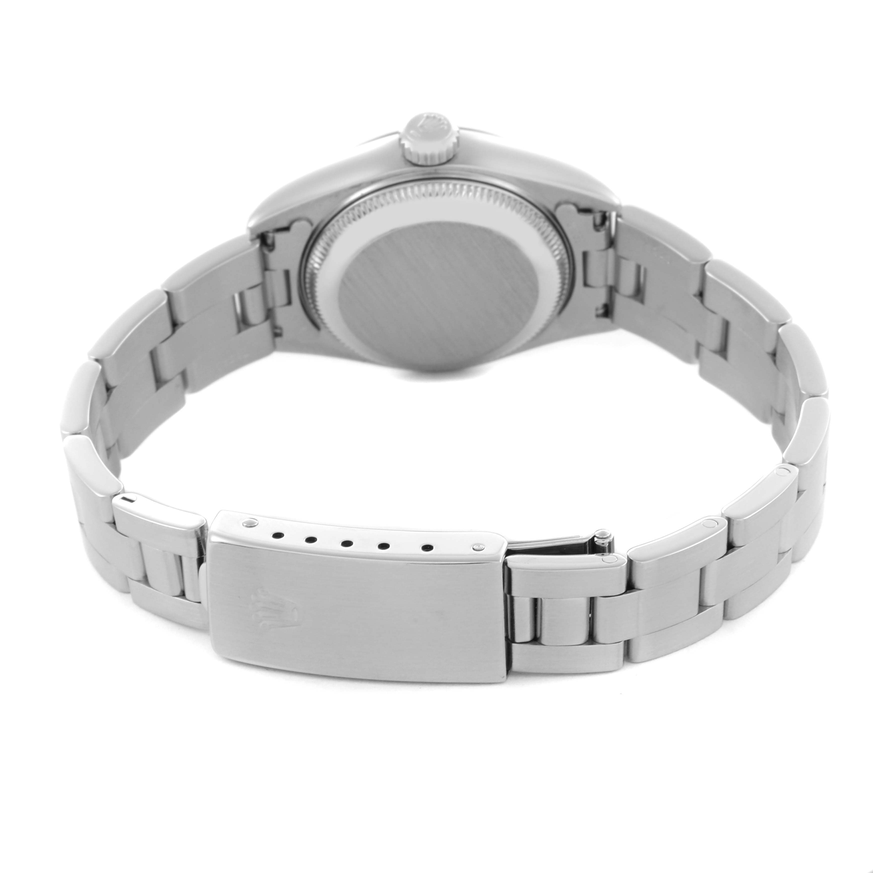 The image shows the back and clasp of a Rolex Date 69160 Women's Stainless Steel White Dial 69160 Women's Stainless Steel White Dial model watch, highlighting the stainless steel bracelet and case back.