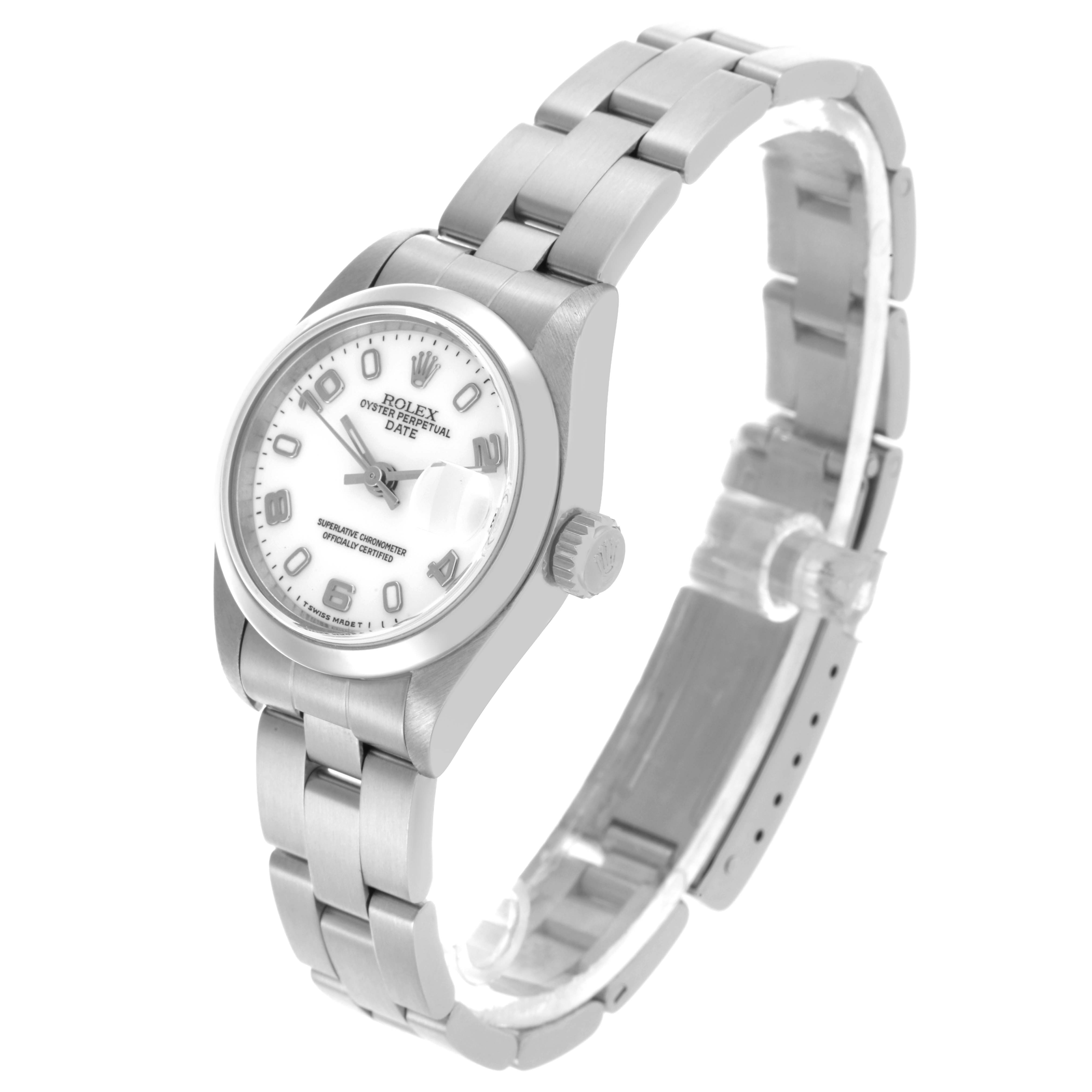 The Rolex Date 69160 Women's Stainless Steel White Dial 69160 Women's Stainless Steel White Dial watch is shown at a slight angle, highlighting the face, bracelet, and crown.