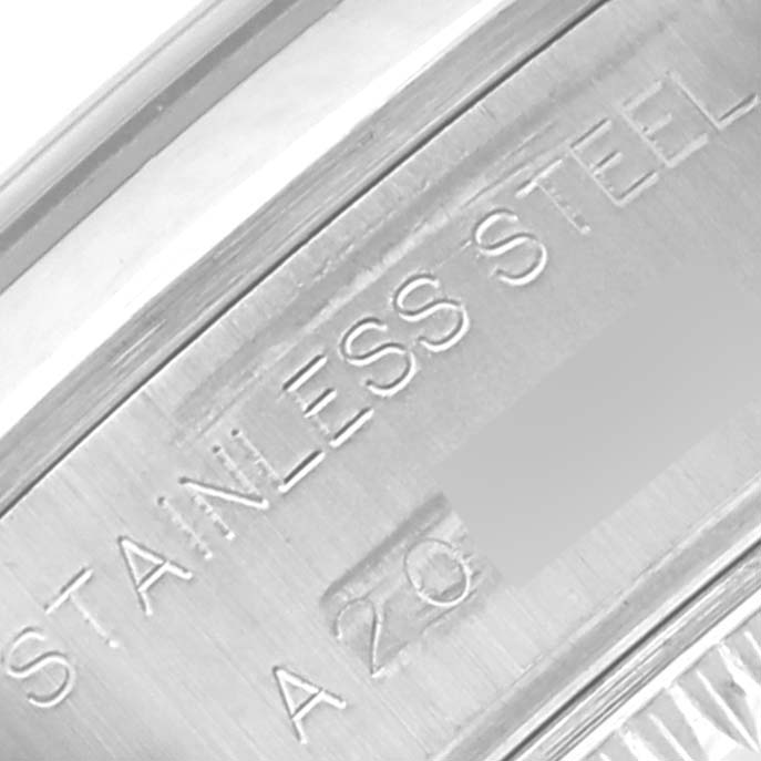 The image shows a close-up of the engraving on the stainless steel case back of a Rolex Date 69160 Women's Stainless Steel White Dial 69160 Women's Stainless Steel White Dial model watch.