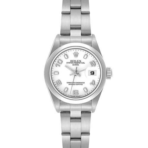 The Rolex Date 69160 Women's Stainless Steel White Dial 69160 Women's Stainless Steel White Dial watch is shown from a front view, displaying its dial, bezel, and bracelet.
