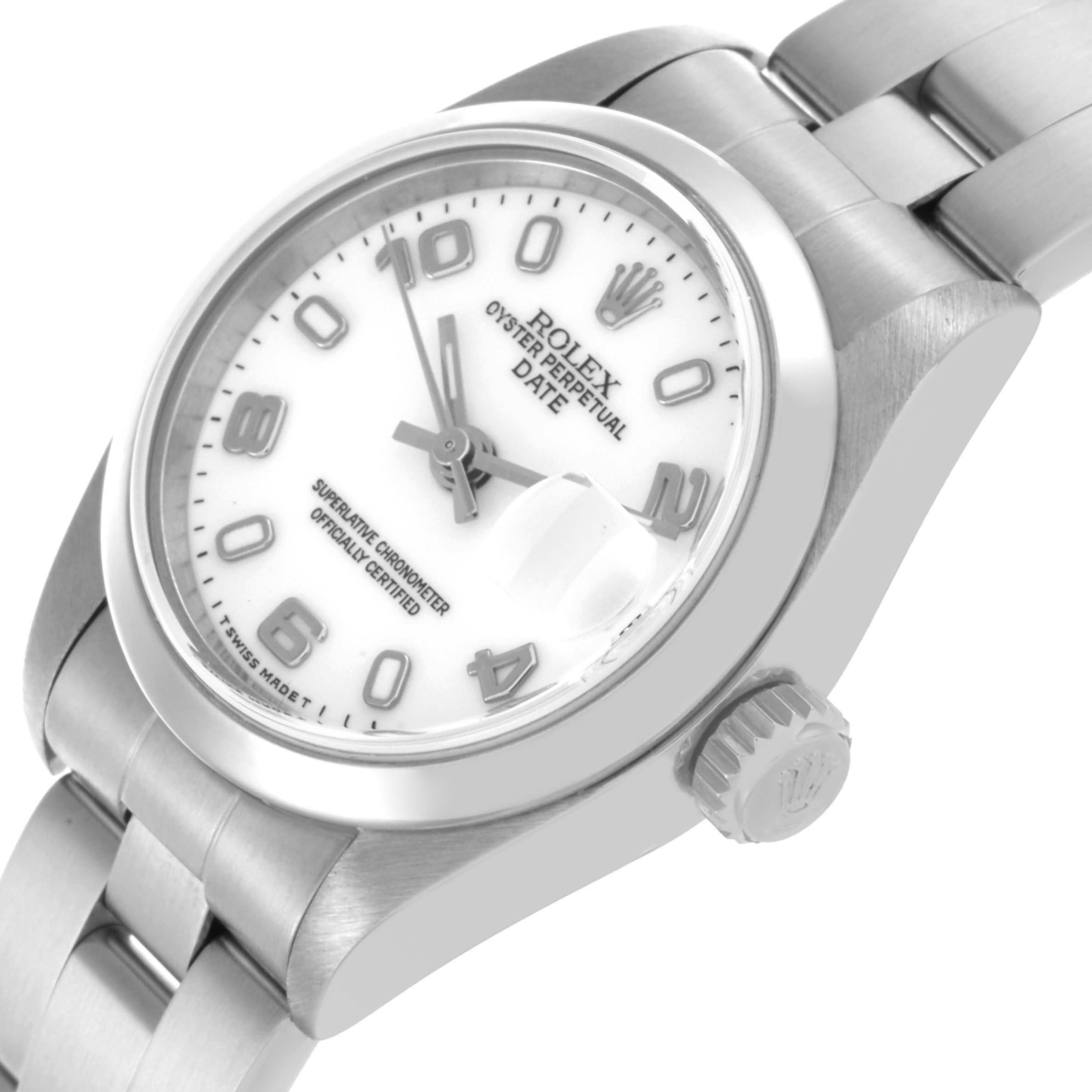 The Rolex Date 69160 Women's Stainless Steel White Dial 69160 Women's Stainless Steel White Dial watch is shown from a left-side angle, displaying the dial, crown, and part of the bracelet.