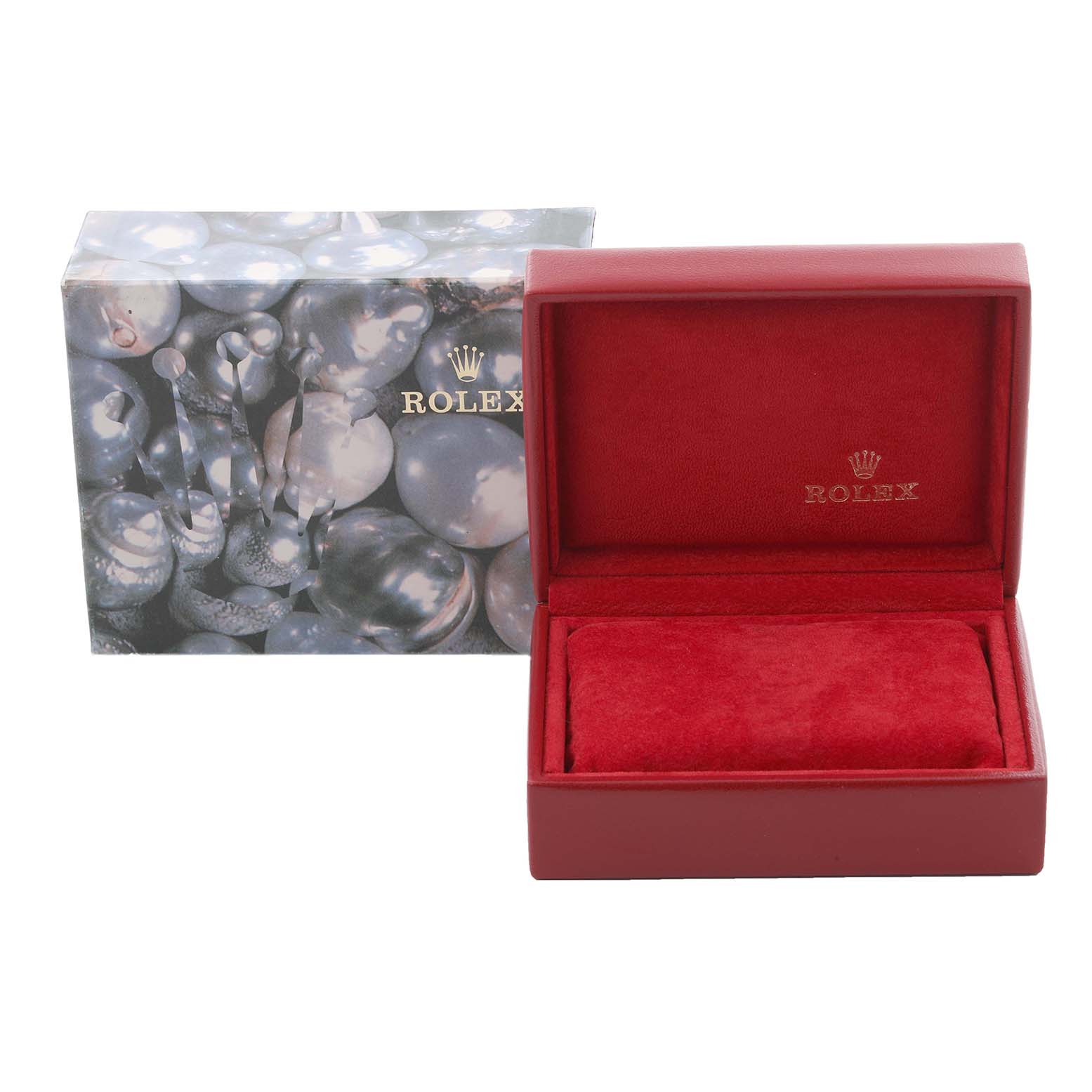 The image shows an open Rolex Date 69160 Women's Stainless Steel White Dial 69160 Women's Stainless Steel White Dial model watch box with a red interior and a decorative outer box.