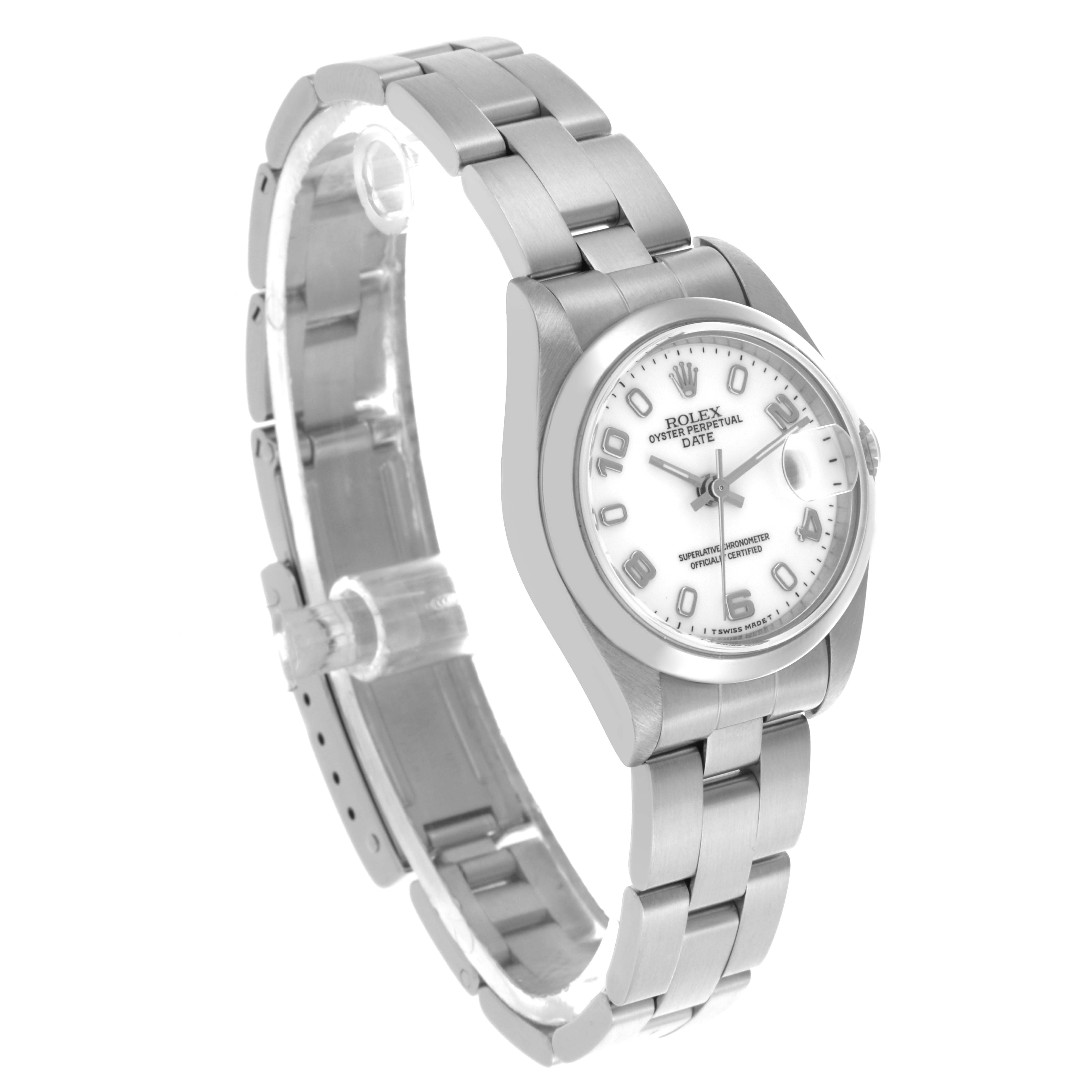 The Rolex Date 69160 Women's Stainless Steel White Dial 69160 Women's Stainless Steel White Dial model is shown at a three-quarter angle, displaying the watch face, bezel, and part of the bracelet.