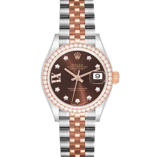 This image shows a front view of a Rolex Datejust 279381RBR Women's Steel and Gold (two tone) Brown Dial 279381RBR Women's Steel and Gold (two tone) Brown Dial watch, highlighting the dial, bezel, and bracelet.