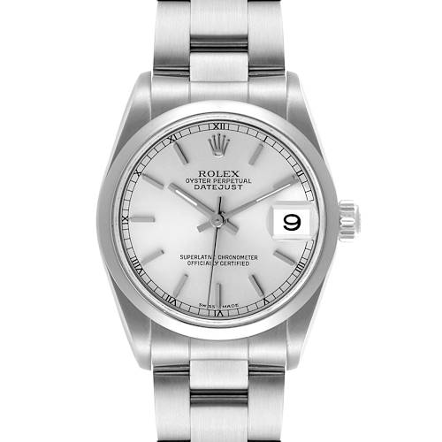 The Rolex Datejust Mid-Size watch is shown from the front, displaying the face, bracelet, and date window.