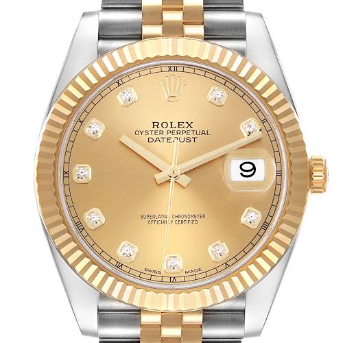 The image shows a close-up, frontal view of the Rolex Datejust 41 126333 Men's Steel and Gold (two tone) Champagne Dial 126333 Men's Steel and Gold (two tone) Champagne Dial, highlighting the dial and fluted bezel.