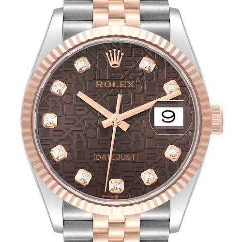 The image shows a front view of a Rolex Datejust 126231 Men's Steel and Gold (two tone) Brown Dial 126231 Men's Steel and Gold (two tone) Brown Dial watch, highlighting its dial, hands, bezel, date window, and part of the bracelet.