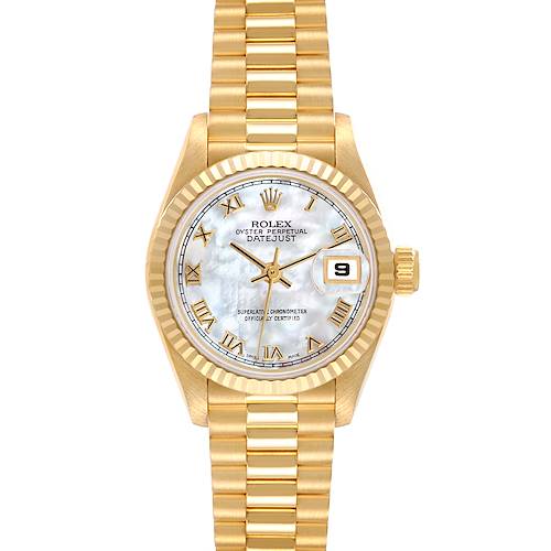 The image shows a front view of a Rolex President 69178GNR Women's Yellow Gold Mother of Pearl Dial 69178GNR Women's Yellow Gold Mother of Pearl Dial model watch, highlighting the dial, bezel, and bracelet.