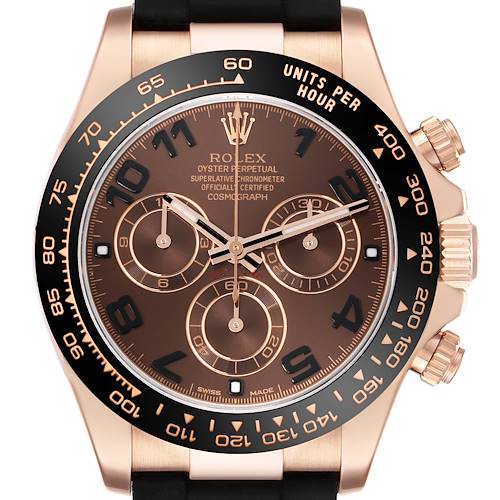 The Rolex Daytona 116515LN Men's Rose Gold Brown Dial 116515LN Men's Rose Gold Brown Dial watch is shown from the front, highlighting its dial, bezel, and pushers.