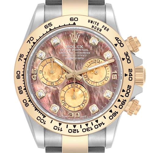 The image shows a frontal view of a Rolex Daytona 116503 Men's Steel and Gold (two tone) Mother of Pearl Dial 116503 Men's Steel and Gold (two tone) Mother of Pearl Dial, highlighting the face, dials, bezel, and crown.