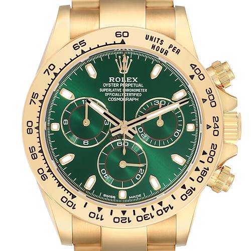 The Rolex Daytona 116508 Men's Yellow Gold Green Dial 116508 Men's Yellow Gold Green Dial watch is shown from a frontal angle, highlighting the green dial and gold-tone case with pushers and crown.