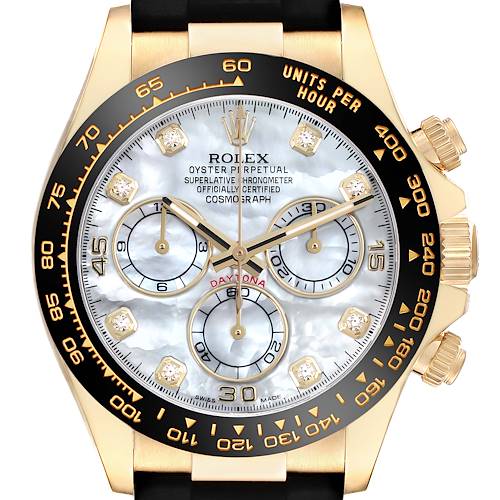 The Rolex Daytona 116518LN Men's Yellow Gold Mother of Pearl Dial 116518LN Men's Yellow Gold Mother of Pearl Dial is shown from the front, highlighting the bezel, dial, subdials, and crown.