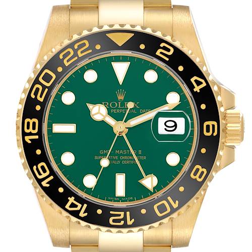The image shows a front view of the Rolex GMT-Master 116718LN Men's Yellow Gold Green Dial 116718LN Men's Yellow Gold Green Dial II, highlighting its green dial and gold bezel with black and gold numerals.