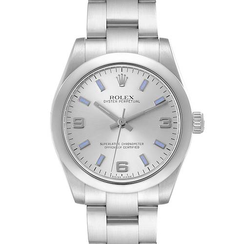 The Rolex Oyster Perpetual Mid-Size is shown from the front, displaying its full dial and bracelet.